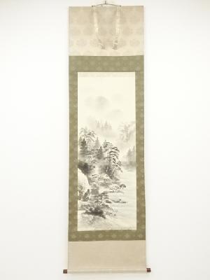 西峰筆　水墨山水　肉筆絹本掛軸（共箱）